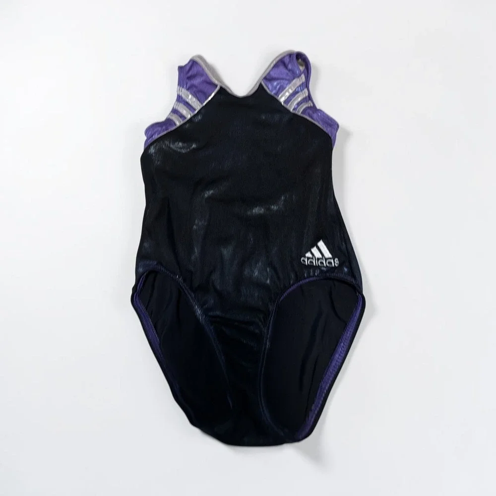 Adidas GK Elite Gymnastics Leotard Kids Black Purple Metallic Shimmer Strappy